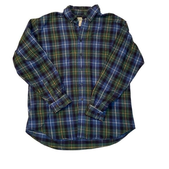 L. L. Bean Dark Blue Green Long Sleeve Plaid Flannel Shirt Men Size Large - Picture 1 of 9
